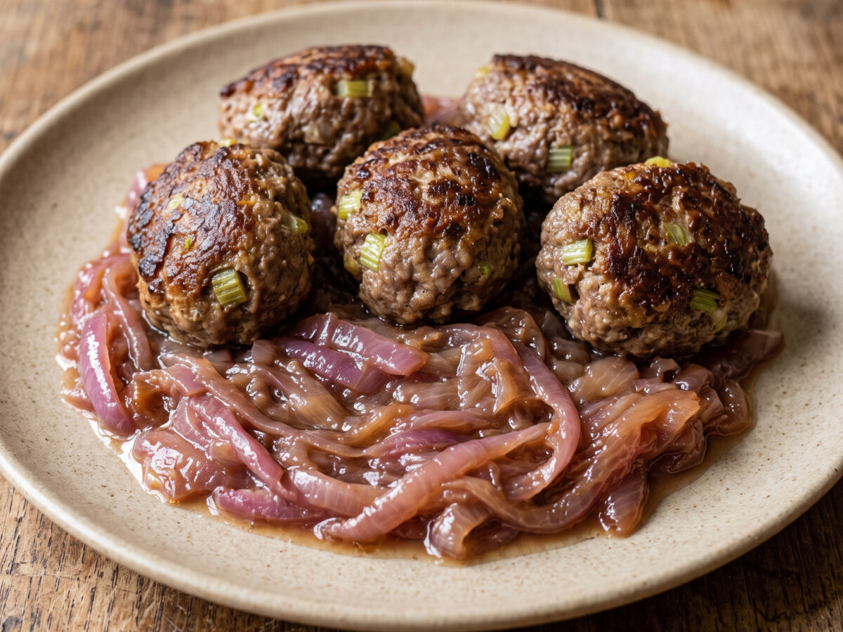 Boulettes mit Sellerie und Roscoff-Zwiebeln