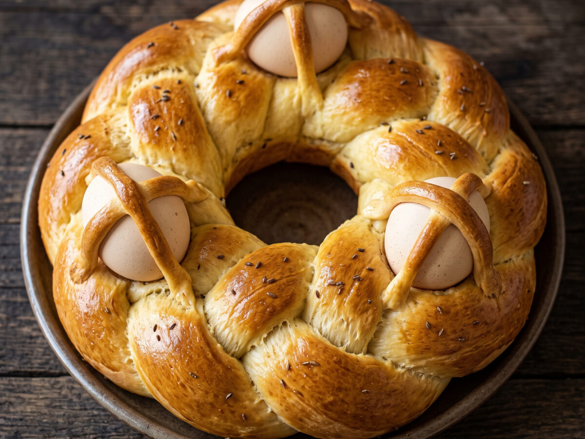 Caccavellu aus Korsika: goldene Osterbrioche mit ganzen Eiern
