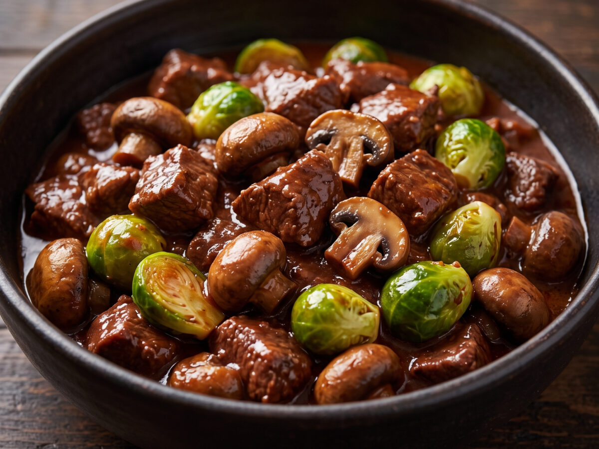 Civet de sanglier mit Pilzen und Rosenkohl