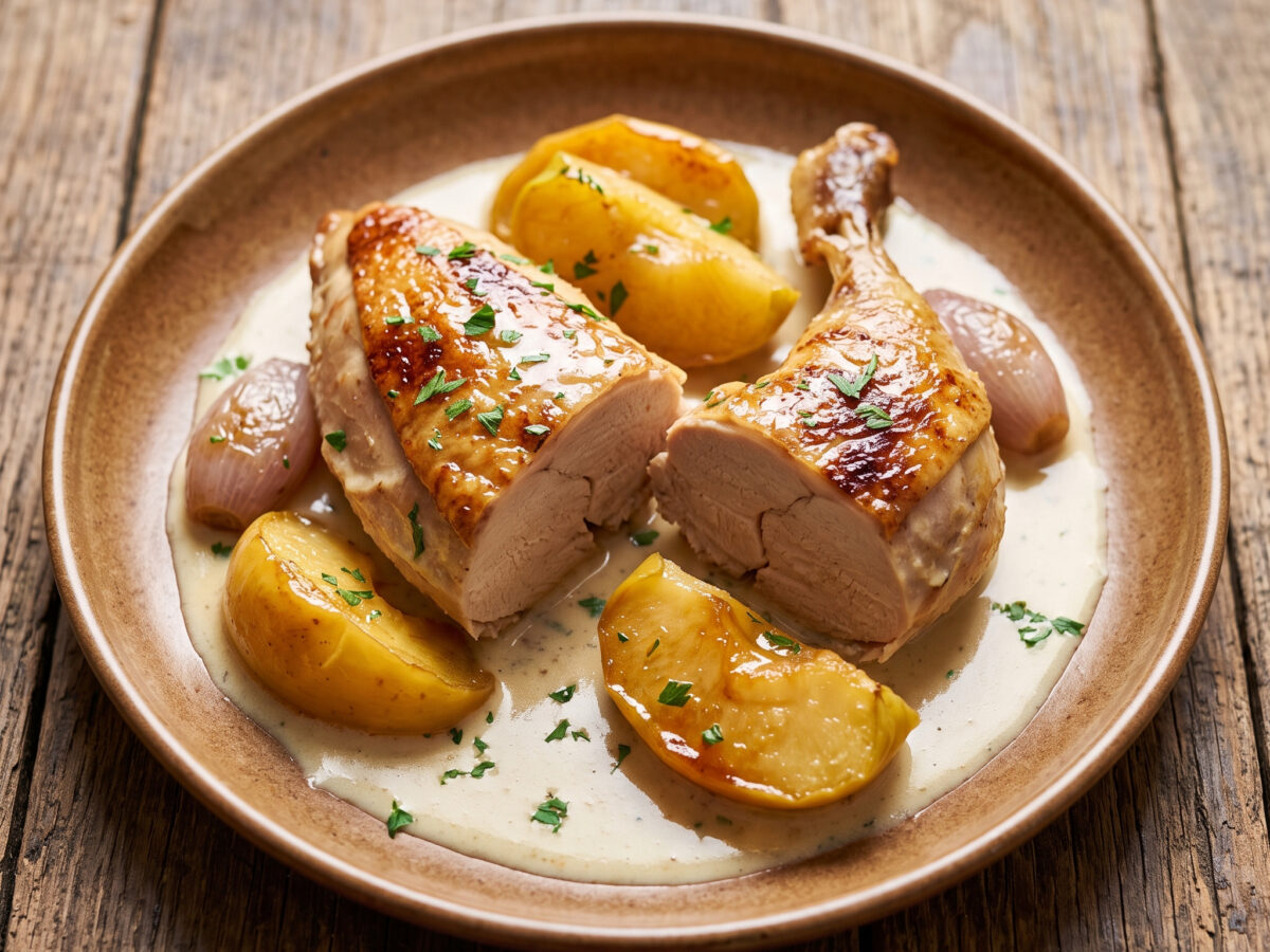 Cocotte mit Cidre, Calvados und Apfel