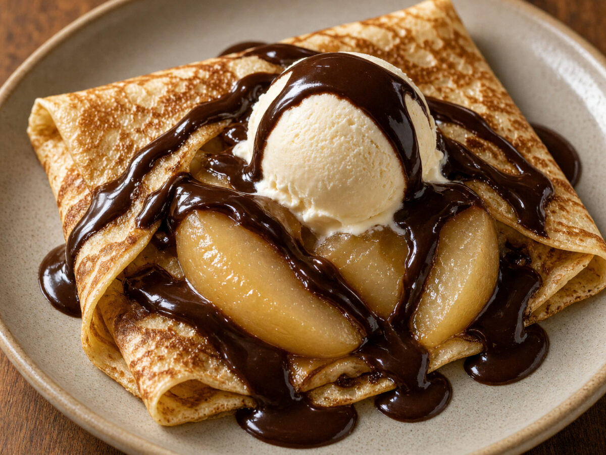 Crêpes Belle-Hélène mit pochierter Birne und Schokolade