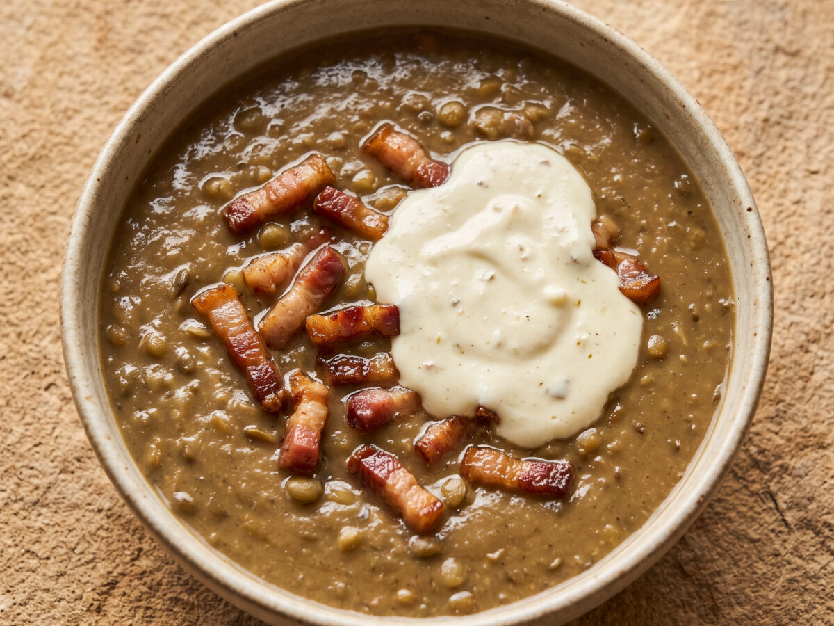 Linsenpotage mit Speck und Knoblauch-Cancoillotte