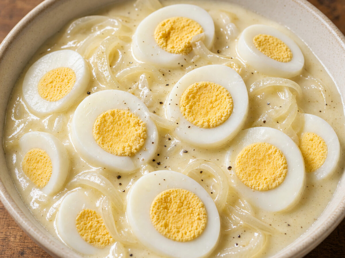 Laval auf dem Teller: Eier in Zwiebelsauce