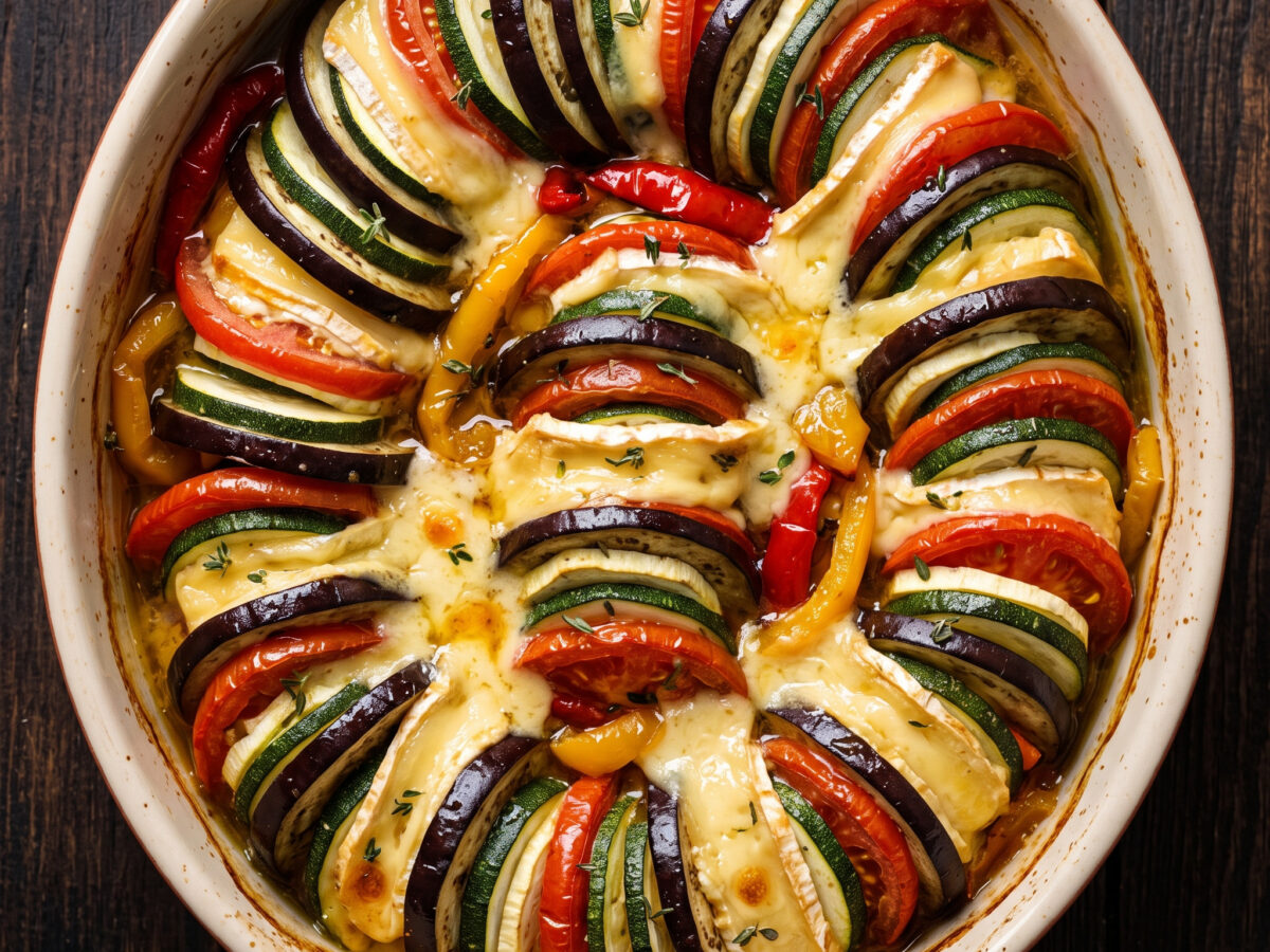 Ofengemüse mit kräftigem Käse aus der Normandie