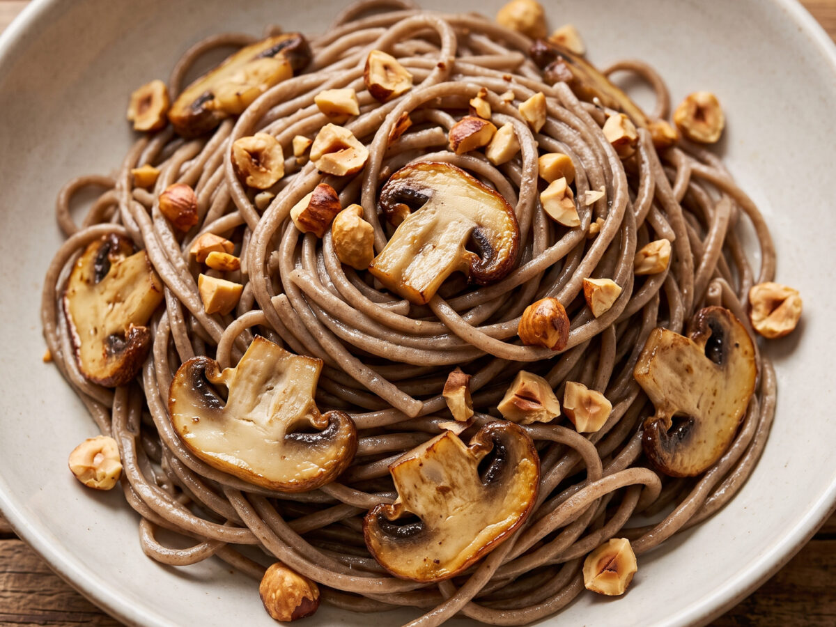 Pâtes au blé noir, champignons et noisettes