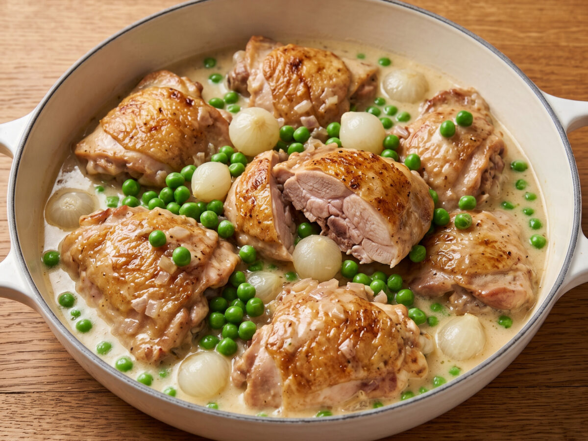 Poulet à la Clamart mit zarten Erbsen