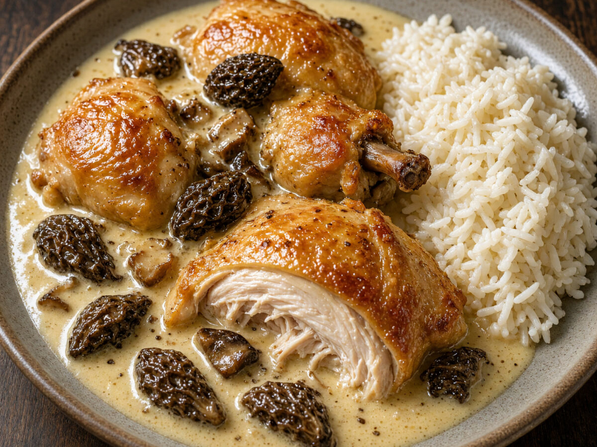 Poulet de Bresse au vin jaune et aux morilles