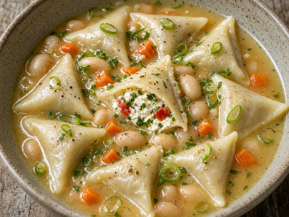 Ravioles de chèvre frais, bouillon et Haricots Tarbais