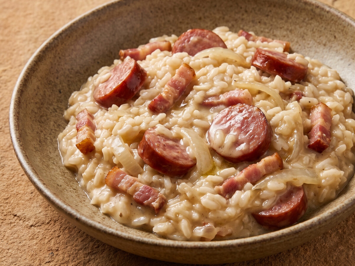Risotto franc-comtois mit Montbéliard-Wurst