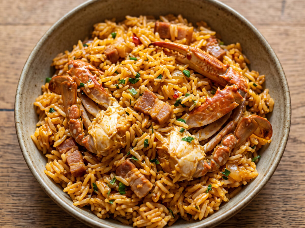 Riz au crabe mit Kokosmilch und Roucou