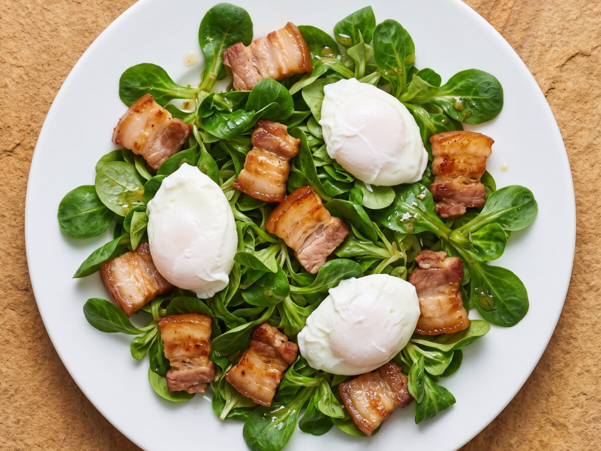 Salade de mâche, rillauds et œufs pochés aus Anjou