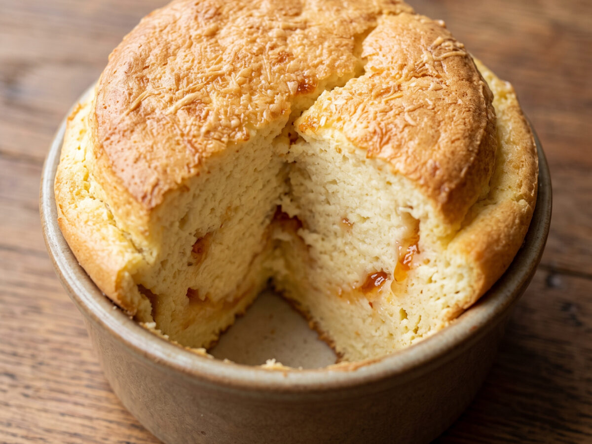 Soufflé au fromage de brebis basque à la gelée de piment
