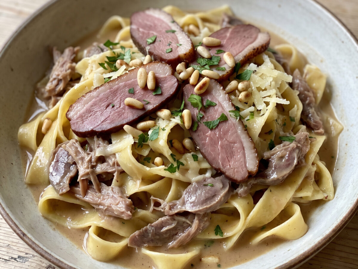 Tagliatelles périgourdines mit Entenconfit