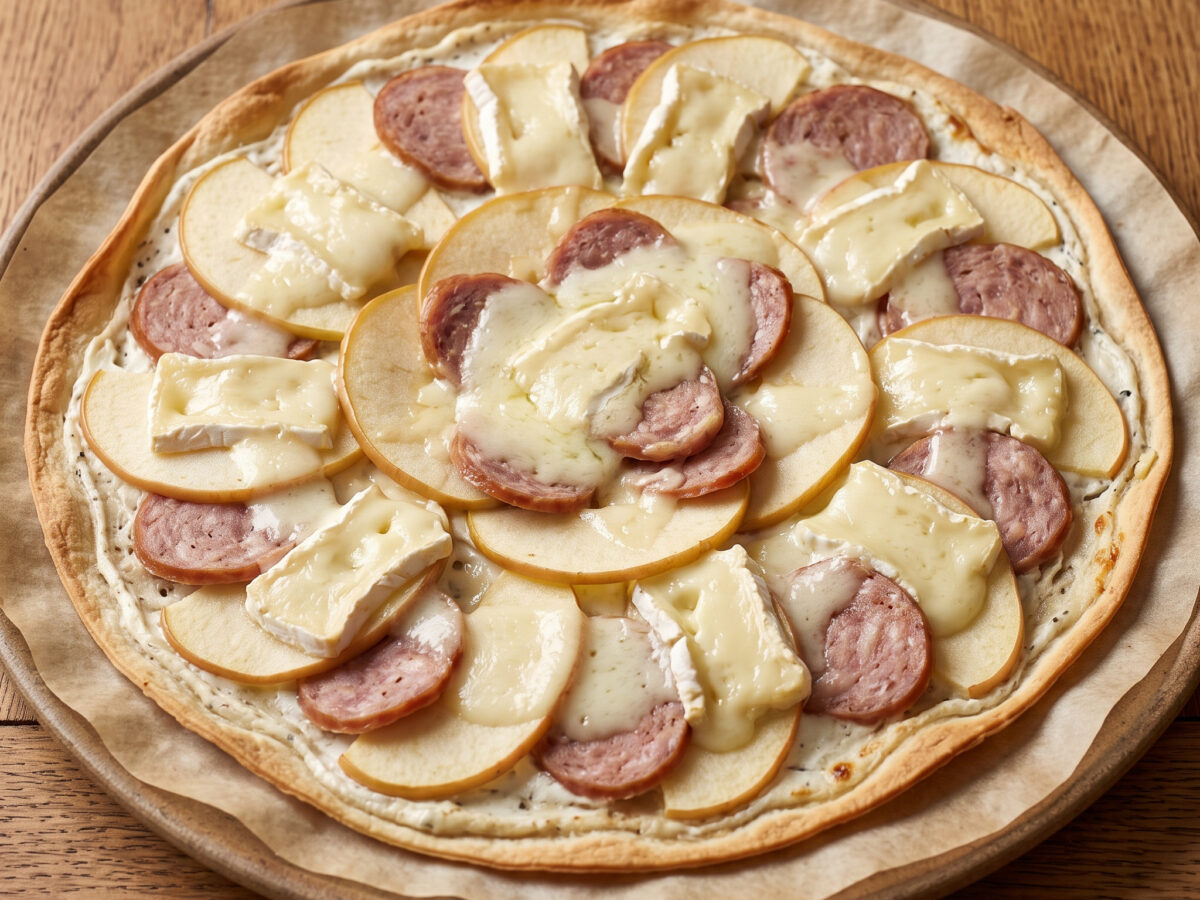 Tarte fine mit Pont-l’Évêque, Andouille de Vire und Apfel