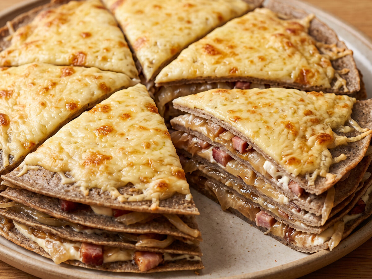 Tourte bretonne: geschichtete Galettes mit Zwiebeln und Speck